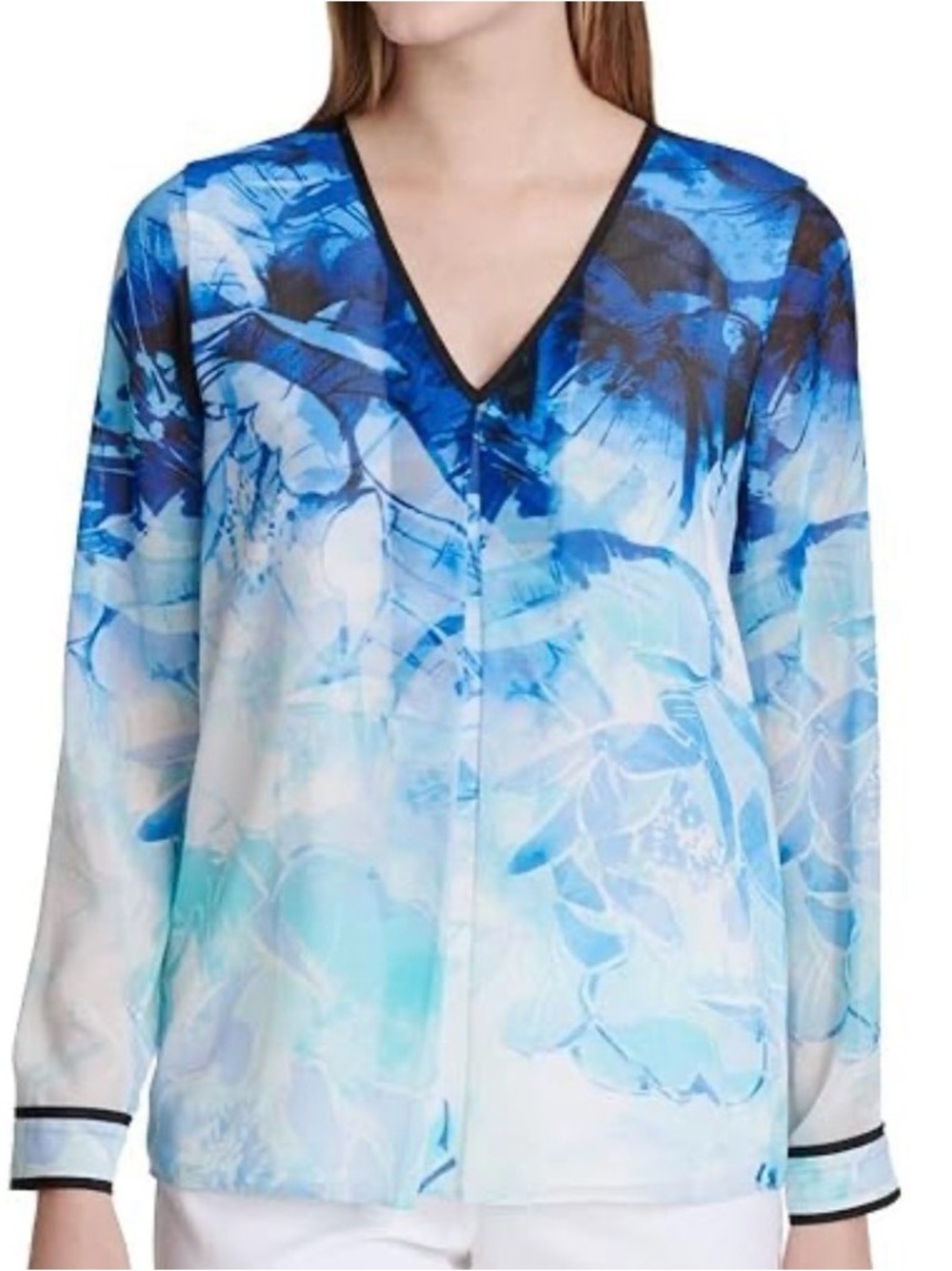 Calvin Klein Blue Ombre Floral V-Neck Long Sleeve Blouse